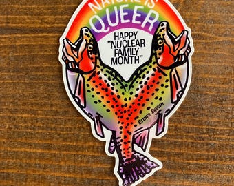 Nature is Queer Sticker Two Headed Rainbow Trout Tennessee Nuclear Family Month Gay Fishing Art Funny LGBT Pride Gift Country Queer