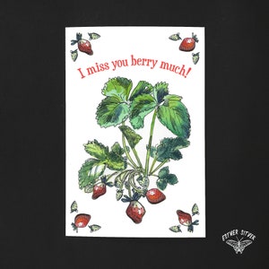 Mim senhorita Você Baga Muito 4x6 Cartão Postal | Arte em morango com núcleo de casa de campo | Ilustração em aquarela | Presente para jardineiros | Cartão para o pai