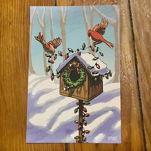 Kerst Birdhouse ansichtkaart-4 x 6 kardinaal kerstversiering afdrukken besneeuwde winter blokhut - Tennessee Art-kerstkaart-vakantie