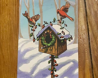 Christmas Birdhouse Postcard- 4x6 Cardinal Christmas decorations Print Snowy Winter Log Cabin - Tennessee Art- Christmas Card- Holiday