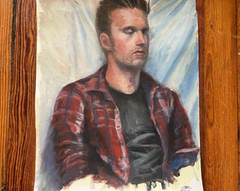Study of Man in Flannel Oil Painting on Canvas Paper, Male Portrait Figurative Art, Red Plaid Shirt Lumberjack Hipster Original Wall Art
