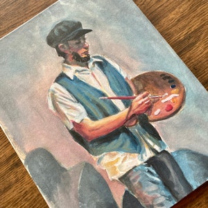 Ritratto di un artista con tavolozza Originale acquerello e gouache illustrazione figura pittura regalo