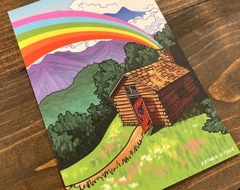 Country Queer Cabin 4x6 Postcard | lgbt pride rainbow Illustration cottage core Gift |  Mini Print | log cabin in the mountains