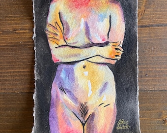 Female Torso Watercolor Painting, Miniature Painting Pinup Illustration, Figurative Art, Original Feminist Wall Art