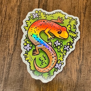 Salamander op mos holografische sticker | Smoky Mountains Tennessee Souvenir Gift Summer Illustratie voor laptops, waterflessen, planners