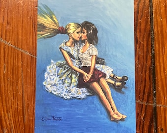 Barbie Kiss 4x6 Postcard | lgbt pride sapphic art oil painting | Protect the Dolls | 1960s fashion decor