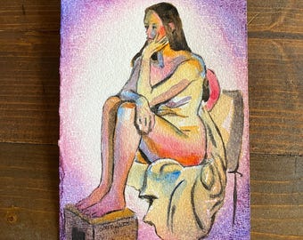 Seated Glowing Female Nude Watercolor Portrait, Miniature Painting Pinup Illustration, Figurative Art, Original Wall Art