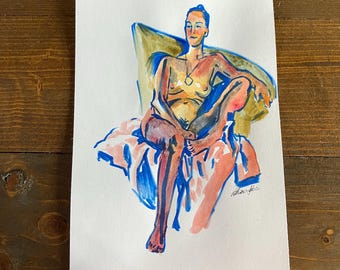 Seated Nude Figure Painting Watercolor, Miniature Painting Pinup Illustration, Figurative Art, Original Wall Art