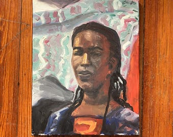 Female Portrait on Patterned Background Oil Painting on Stretched Canvas, Black Woman Figurative Art, Original Wall Art
