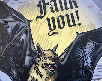 Fank You Bat 4x6 Postcard | Thank You Card Funny Halloween Print, Spooky Victorian Art Little Brown Bat with Fangs