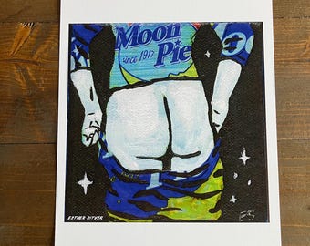 Full Moon Pie 8x8 Print | funny collage mixed media figure painting | East Tennessee Southern Appalachian humor