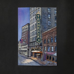 Impressão artística de cartão postal do Tennessee Theatre, Knoxville Tn, ilustração de paisagem urbana em aquarela