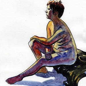 Peut inclure: Une peinture à l'aquarelle d'une personne assise sur un rocher. La personne est nue et a les cheveux courts et roux. La peinture est réalisée dans une variété de couleurs, notamment le bleu, le vert, le jaune et le rouge.