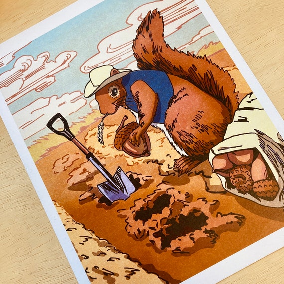 Squirrel Farmer Print | Cottagecore Art, Country Western Hillbilly Art, Acorn Decor