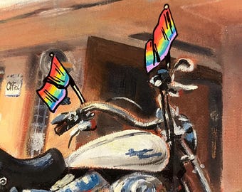 Gay Motorcycle at Satanic Motel Embellished Oil Painting Print in Letterpress Mat, Dykes on Bikes, Leather Daddy Subtle Gay Art Home Decor