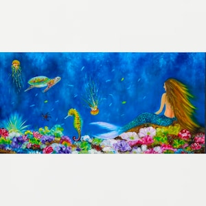 Mermaid painting aquatic creature, modern girls room wall art
