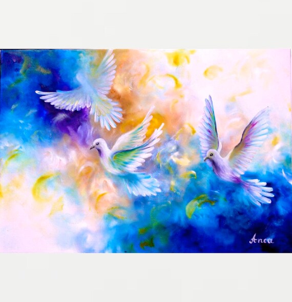 オリジナルの鳩の絵 - 白い鳩の絵、白い鳩のギフト、鳩の壁アート、鳩