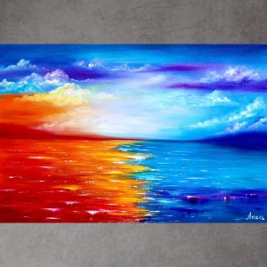 Pintura de paisaje marino, pintura al óleo original, pintura junto al mar, arte de la pared del mar, pintura oceánica