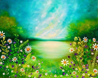 Floral Painting on Canvas, Original Art, Flowers Painting, Field Painting, Modern Art, Daisy flowers Living Room Wall Art, LandscapePainting