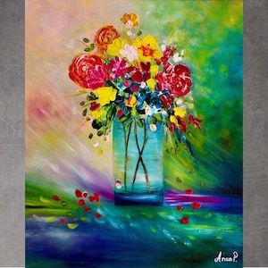 Flowers in vase original oil painting, Flower bouquet painting, floral art, abstract floral painting on canvas, pallet knife painting
