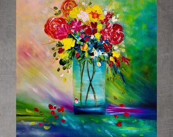Bloemen in vaas originele olieverfschilderij, Bloem boeket schilderij, bloemen kunst, abstracte bloemen schilderij op doek, pallet mes schilderij