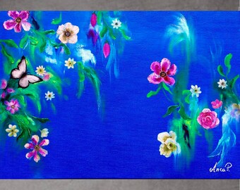 Flower oil Painting, blue Original painting, Floral painting, Canvas art,Pink Flower painting, abstract flowers painting