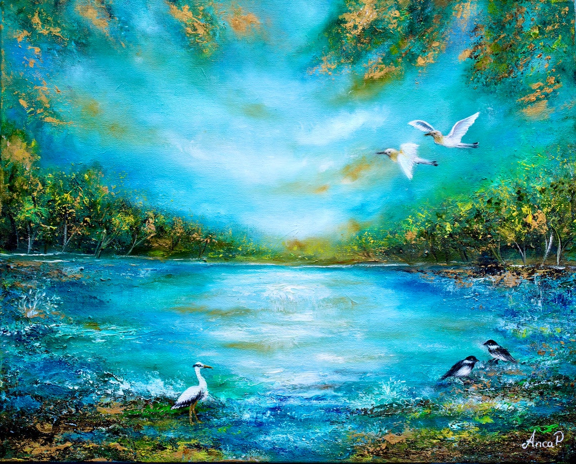 Abstract Landscape Painting With Birds, Original Oil Painting on Canvas ...