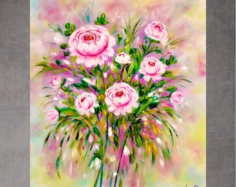 Peony Flower oil Painting on Canvas Abstract Flower Art Floral Abstract Pastel Pink Oil Painting Peonies Art for Living Room Wall Decor