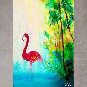 Pink Flamingo oi painting, landscape painting , animal, bird, home decor, wall art, gift, Wildlife