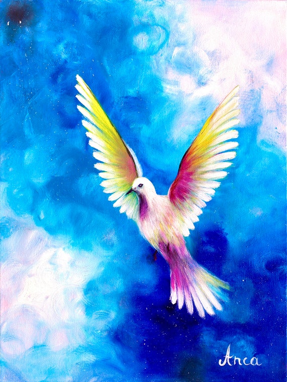アクリル画 花と白い鳩のモチーフ 絵画 インテリア 「風花 ～kazahana～」 冬 玄関 風水 運気