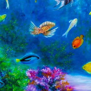 May include: A colorful underwater scene with various fish swimming amongst coral and seaweed. The fish are painted in shades of blue, yellow, orange, and green. The background is a vibrant blue with hints of white.