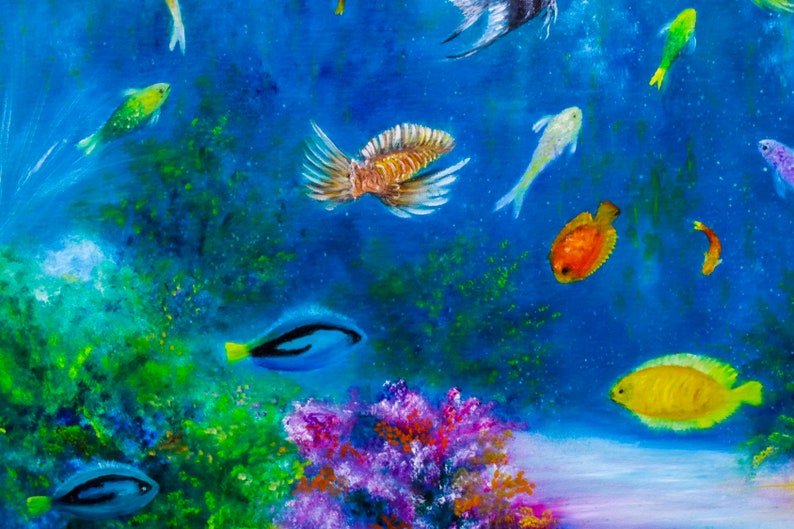 May include: A colorful underwater scene with various fish swimming amongst coral and seaweed. The fish are painted in shades of blue, yellow, orange, and green. The background is a vibrant blue with hints of white.
