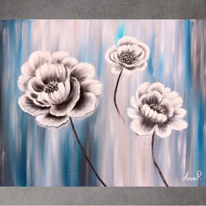 flower Painting  On Canvas, grey Oil painting, Blooming Flower, floral wall art, original modern painting, handmade painting