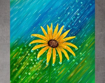 Original Flower painting on canvas, flower in the rain painting, yellow flower wall art, floral painting + prints available,flower art print