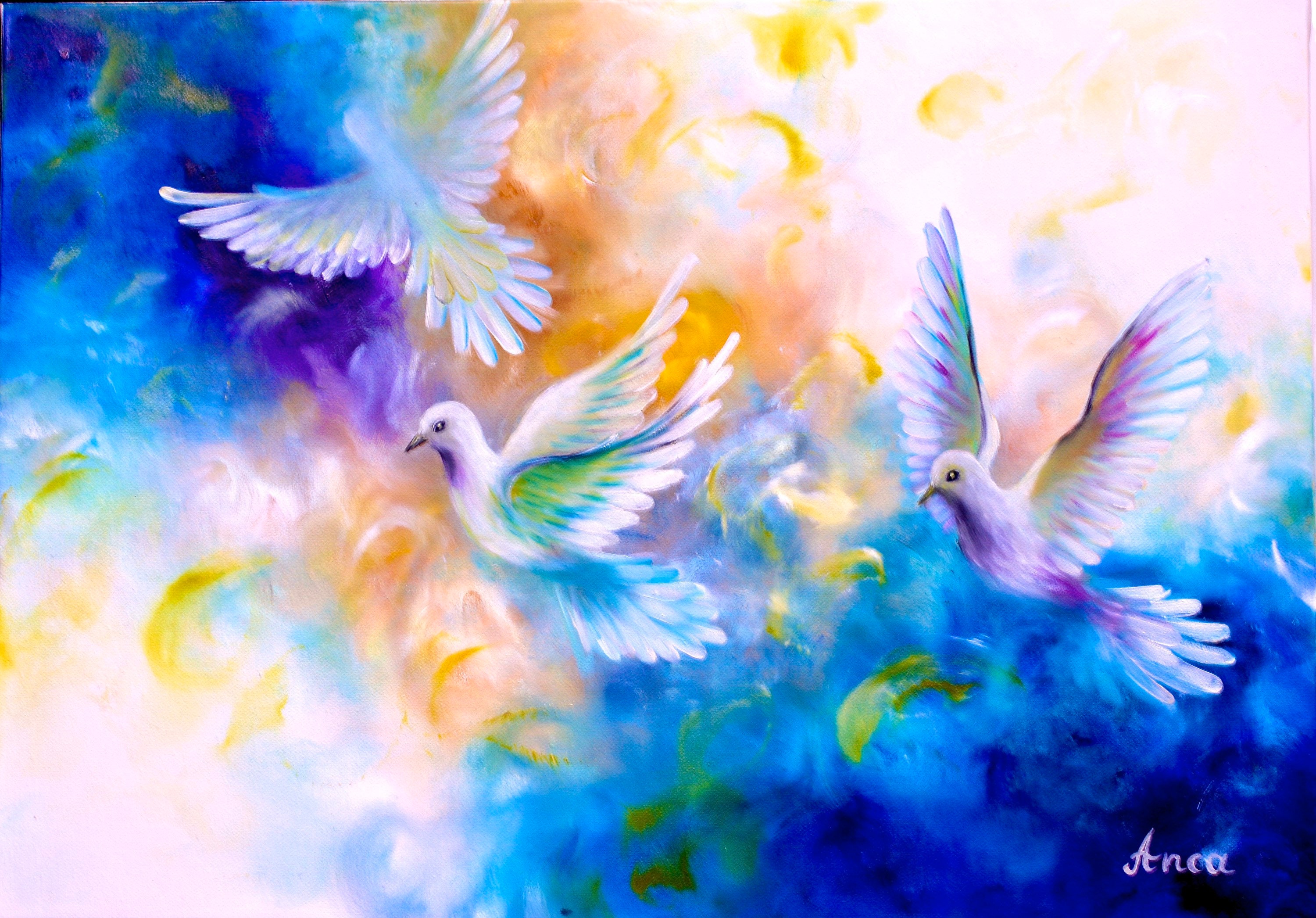 オリジナルの鳩の絵 - 白い鳩の絵、白い鳩のギフト、鳩の壁アート、鳩