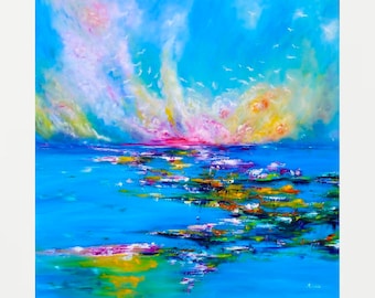 海の風景画、雲のある青い海の絵、海の絵、海のアート、手作りの油絵