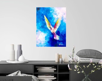 白い鳩の油彩画　油絵　動物画　インテリア　絵画 83be78ddf6c5c78519f7b21305bc07