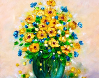 Vase of Flowers painting,Abstract flower painting - floral painting, yellow flowers bucket painting on canvas, original floral painting
