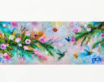 Original oil painting, tree flowers in pink and white, humming birds, spring flowers