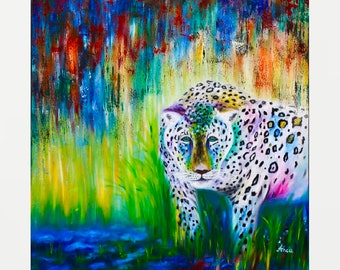 Leopard painting, snow Leopard art, large oil painting, wildlife painting, snow leopard, animal painting