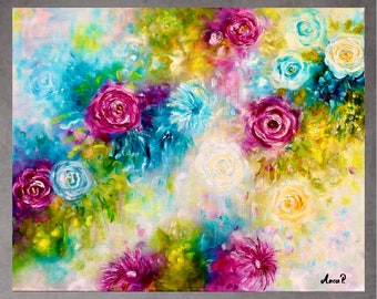 Floral Oil Painting On Canvas Abstract Colorful Roses Painting Daisies Wall Art Canvas Living Room Painting Spring Decor