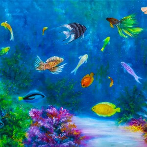May include: A colorful underwater scene with various fish swimming in a blue ocean. The fish are painted in shades of yellow, orange, blue, green, and purple. There are also coral reefs and plants in the background.