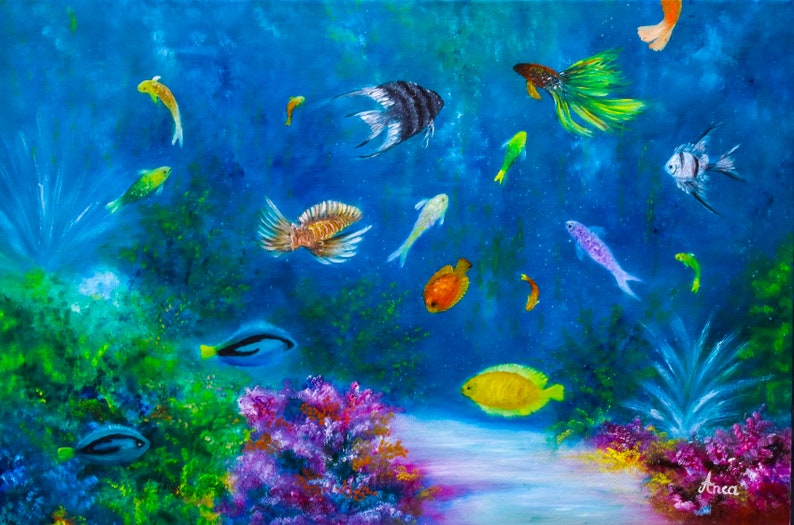 May include: A colorful underwater scene with various fish swimming in a blue ocean. The fish are painted in shades of yellow, orange, blue, green, and purple. There are also coral reefs and plants in the background.