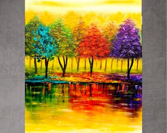 Landscape painting, Colourful tree painting, modern artwork, oil painting on canvas + prints available