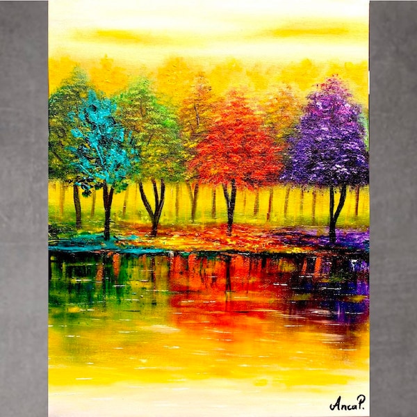 Landscape painting, Colourful tree painting, modern artwork, oil painting on canvas + prints available