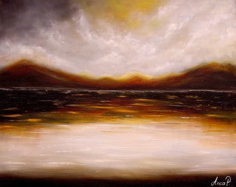 Original Abstract Seascape Oil Painting On Linen Canvas, Sunset Coastal Art