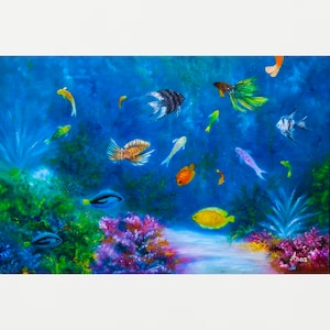 May include: A painting of a vibrant underwater scene with colorful fish swimming amongst coral reefs. The blue background is dotted with white stars, creating a sense of depth. The fish are a variety of colors, including orange, yellow, blue, and green.