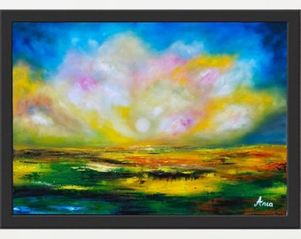 キャンバスに描かれた油絵「白」60x90インチの自然風景画。プロの