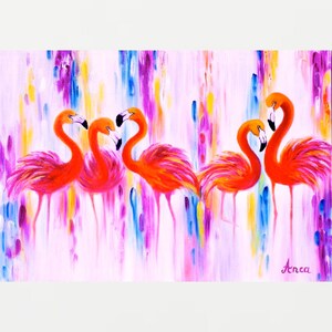 Pink Flamingo oil painting, flamingos art, animal, illustration, bird, home decor, wall art, gift, Wildlife
