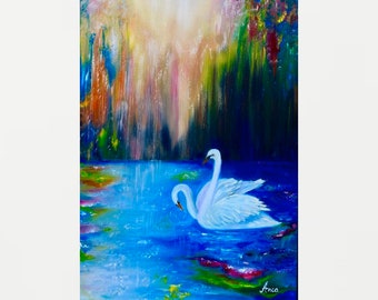 湖の上の白鳥 ミニチュア絵画 オリジナル油絵キャンバス インパスト